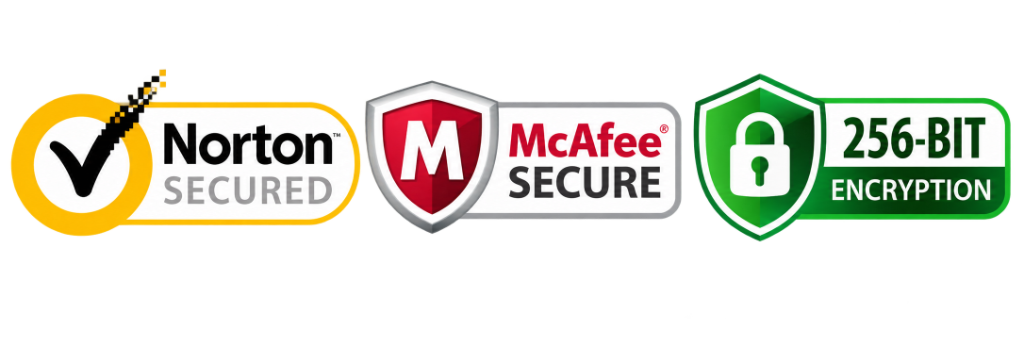 Security Logos: Norton, McAfee, 256-Bit